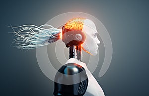 Robot profile with wires and digital brain. Artificial intelligence and machine learning concept