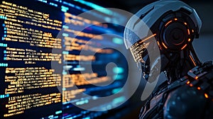 Robot Programmer Analyzing Code on a Futuristic Display Artificial Intelligence in Action