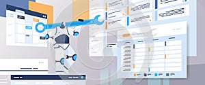 robot programmer holding wrench robotic developer optimizes software engineering coding programming