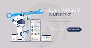 robot programmer holding wrench robotic developer optimizes software engineering coding programming