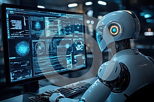 Robot programmer working on computer code futuristic technology artificial intelligence