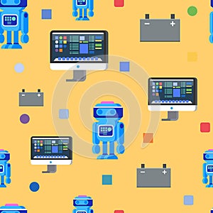 Robot Programming Seamless Pattern. Flat Character