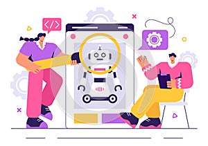 Robot Programming Vector Illustration Featuring an Artificial Intelligence Robot Interacting with a Digital Data Interface
