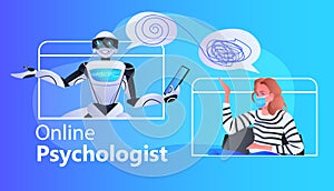 robot psychologist discussing with woman patient psychotherapeutic counseling psychotherapy session