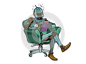 A robot psychotherapist laughs at a psychotherapy session. Science fiction. Humor