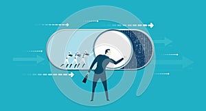 Robot Push button to the right as symbol of start, new business and progress control