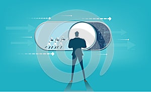 Robot Push button to the right as symbol of start, new business and progress control