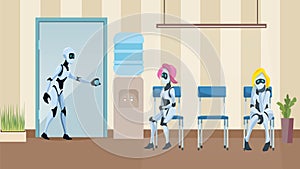 Robot Queue in Office Corridor Wait Job Interview