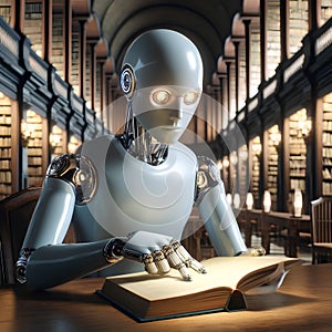 A robot reading a book with a book titled robot reading a book AI generated