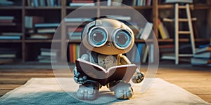 A robot reading a book in front of a bookshelf. Generative AI image.