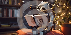 A robot reading a book in a living room. Generative AI image.