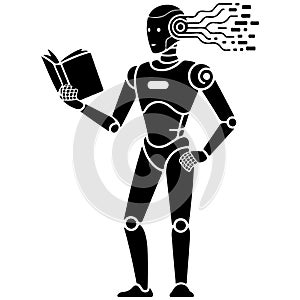Robot reading a book, symbolizing AI learning and knowledge acquisition