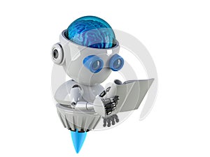 Robot reading book with white background.