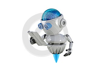 Robot reading book with white background.