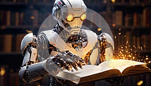 Robot reading a glowing book, AI and knowledge acquisition