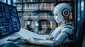 Robot reading in library, studying data and information