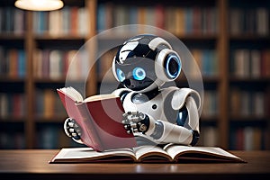 A robot reads a book in a library