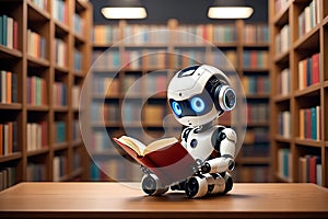 A robot reads a book in a library, symbolizing ai learning