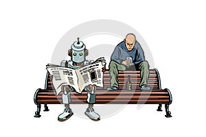 The robot reads the morning newspaper, a drunk man sits next