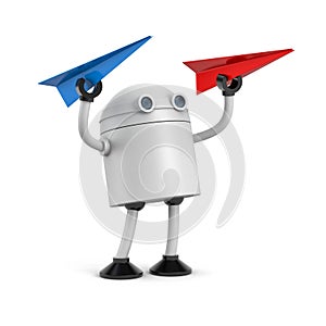 Robot with red and blue paper plane