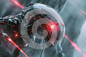 A robot with red eyes standing in the rain, its metallic exterior glistening under the downpour, A futuristic robot hunting its