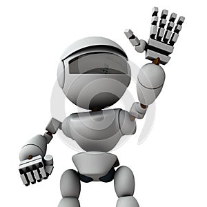 A robot that refuses. Stick out his left hand, deny access, and oppose it. 3D rendering. Isolated white background.