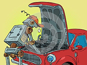 The robot is repairing the car. auto repair shop garage Automated work in a car service. Maintenance for driver safety.