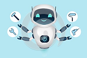 Robot Repairman with Building Tools Drill and Hammer, roller and spanner. Vector Illustration Home Master