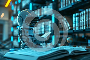 Robot research and exploring knowledge in library. Modern artificial intelligence machine learning educational technology.