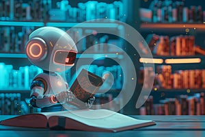 Robot research and exploring knowledge in library. Modern artificial intelligence machine learning educational technology.