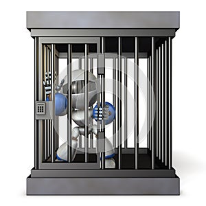 Robot restrained by prison. He is shouting false charges.