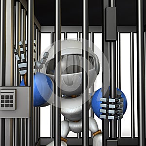 Robot restrained by prison. He is shouting false charges.