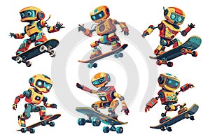 Robot rides skateboard cartoon style illustration. Robotics skateboarding characters isolated on white, crazy android on