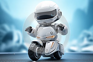 Robot riding a motorbike on blue background. 3D rendering