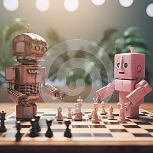 A robot and a robot chess game on a table. Generative AI image.