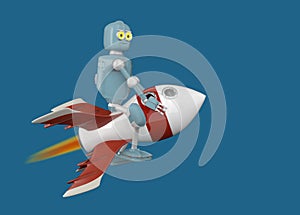 Robot on rocket 3d render