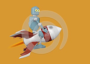 Robot on rocket 3d render