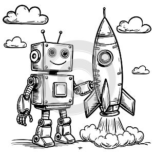 Robot with Rocket and Clouds