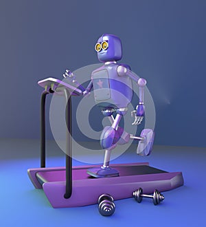 Robot running on a treadmill, neon background,3d render.