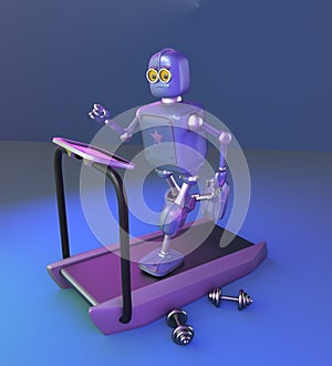 Robot running on a treadmill, neon background,3d render.