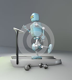 Robot running on a treadmill, neon background,3d render.