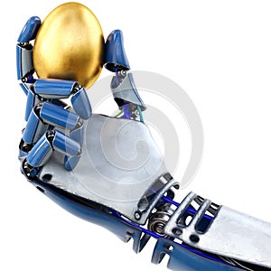 Robot`s hand holding golden egg photo