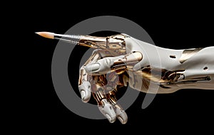 Robot\'s hand with its index finger transformed into a paintbrush, concept of machine generated art. Generative AI photo