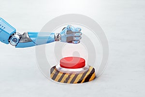 A robot\'s hand presses a red button, close-up, light background. Concept panic button, threat of artificial intelligence