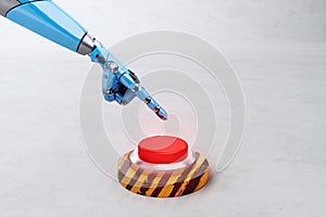 A robot\'s hand presses a red button, close-up, light background. Concept panic button, threat of artificial intelligence