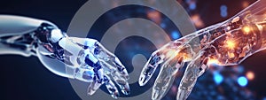 The robot's two hands touch each other. Technology development horizontal banner. Robotic technologies