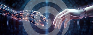The robot's two hands touch each other. Technology development horizontal banner. Robotic technologies