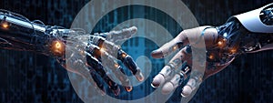 The robot's two hands touch each other. Technology development horizontal banner. Robotic technologies