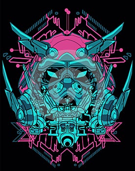 Robot samurai helmet cyberpunk background for t-shirt poster sticker design