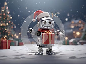 Robot santa claus holding a gift box in a snow christmas background. Festive illustrationto celebrate Christmas
